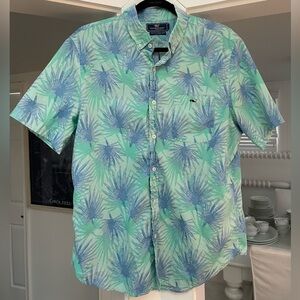Vineyard Vines Green & Blue Tropical Palm Button Down Shirt Large Short Sleeves